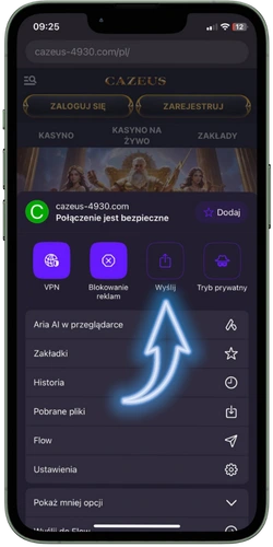 Cazeus app wybór opcji udostępnij w przeglądarce mobilnej