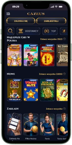 Cazeus Casino app ekran główny z menu nawigacyjnym