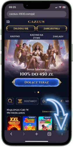 Cazeus Casino app otwarta strona z menu przeglądarki