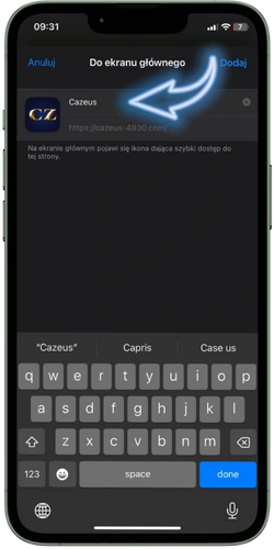 Cazeus app pole do wpisania nazwy skrótu PWA